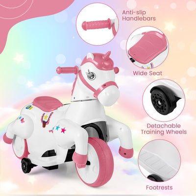 12V Unicorn Ride on Toy with Training Wheels and Horse Riding Mode-Pink