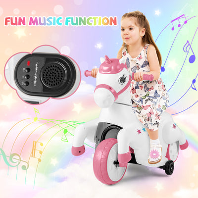 12V Unicorn Ride on Toy with Training Wheels and Horse Riding Mode-Pink