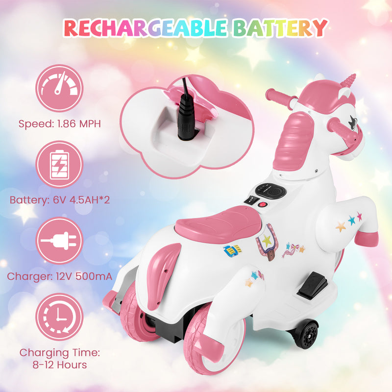 12V Unicorn Ride on Toy with Training Wheels and Horse Riding Mode-Pink