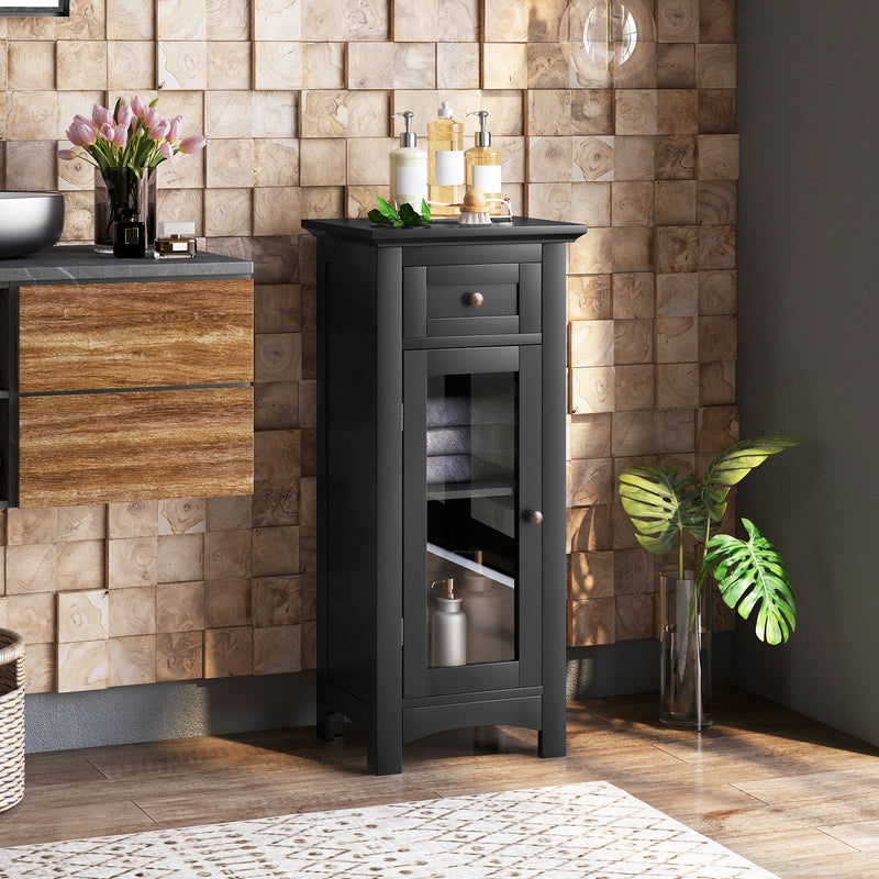 Bathroom Freestanding Storage Cabinet with Single Glass Door-Black