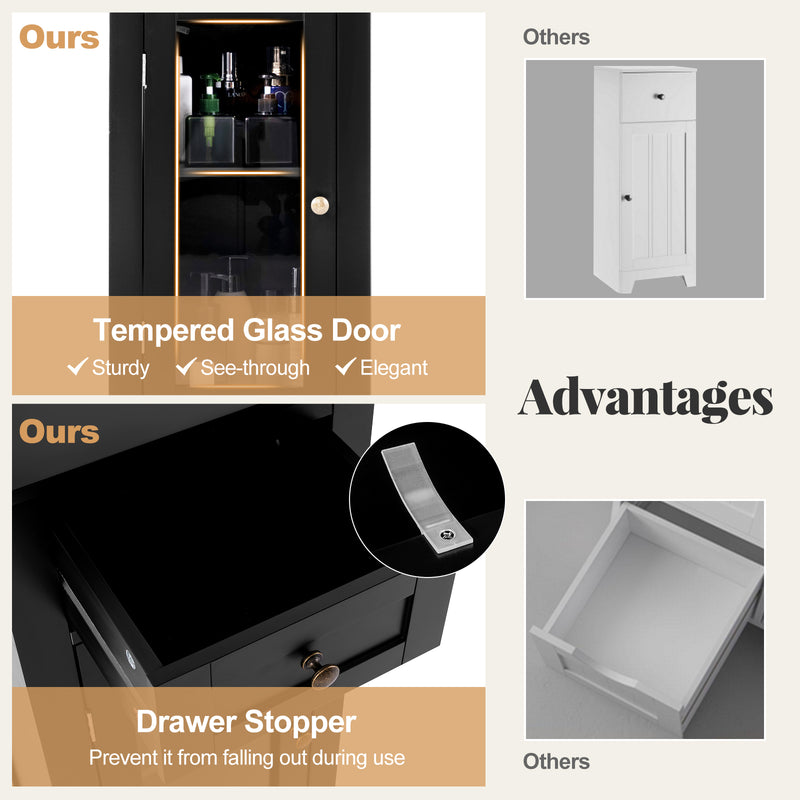 Bathroom Freestanding Storage Cabinet with Single Glass Door-Black