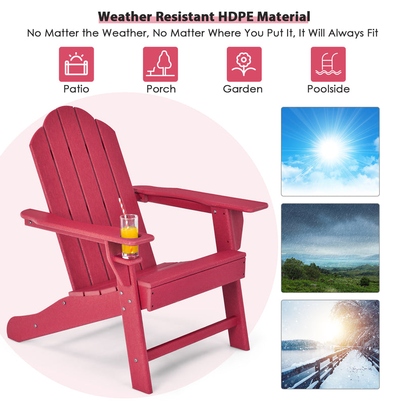 Outdoor Adirondack Chair with Built-in Cup Holder for Backyard Porch-Red