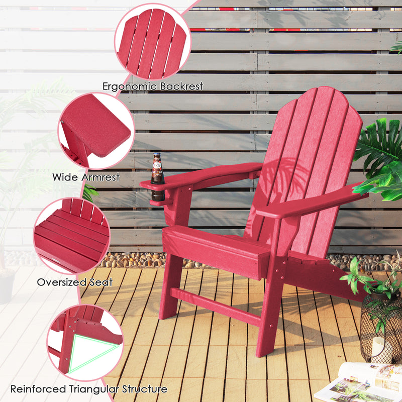 Outdoor Adirondack Chair with Built-in Cup Holder for Backyard Porch-Red