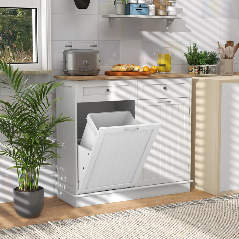 Rubber Wood Kitchen Trash Cabinet with Single Trash Can Holder and Adjustable Shelf-White