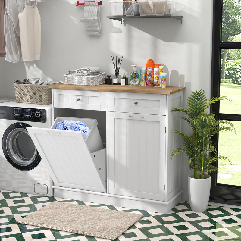 Rubber Wood Kitchen Trash Cabinet with Single Trash Can Holder and Adjustable Shelf-White