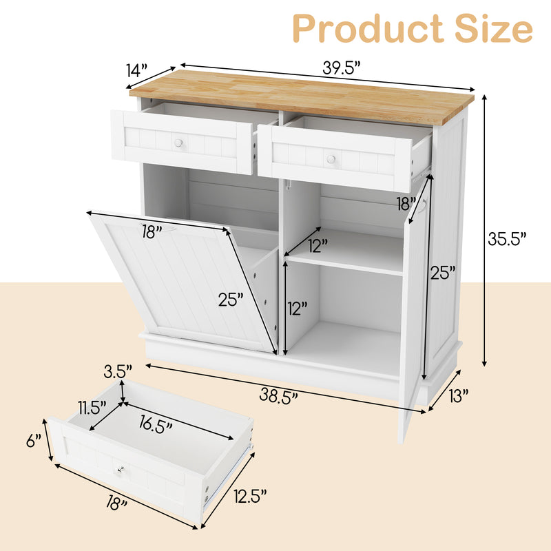 Rubber Wood Kitchen Trash Cabinet with Single Trash Can Holder and Adjustable Shelf-White