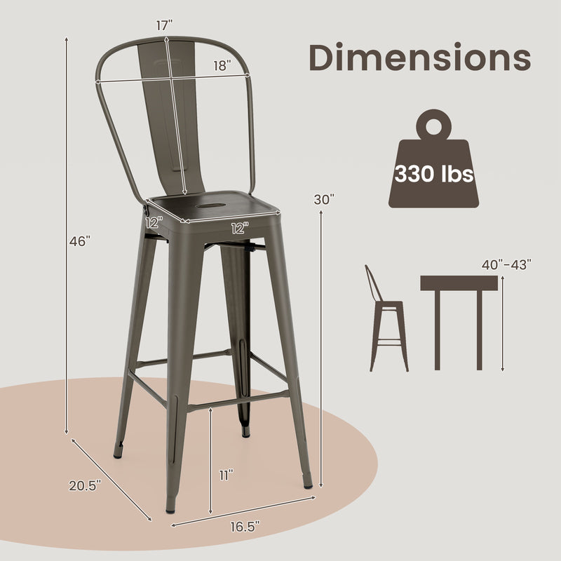 30 Inch Height Set of 4 High Back Metal Industrial Bar Stools-Gun