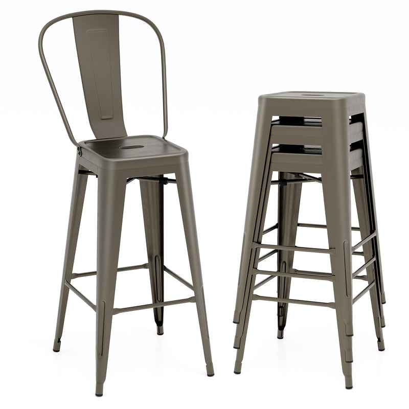 30 Inch Height Set of 4 High Back Metal Industrial Bar Stools-Gun