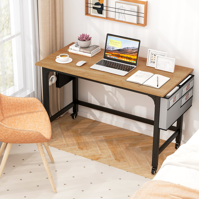 48 Inch Rolling Computer Desk with Heavy-duty Metal Frame for Home and Office-Natural