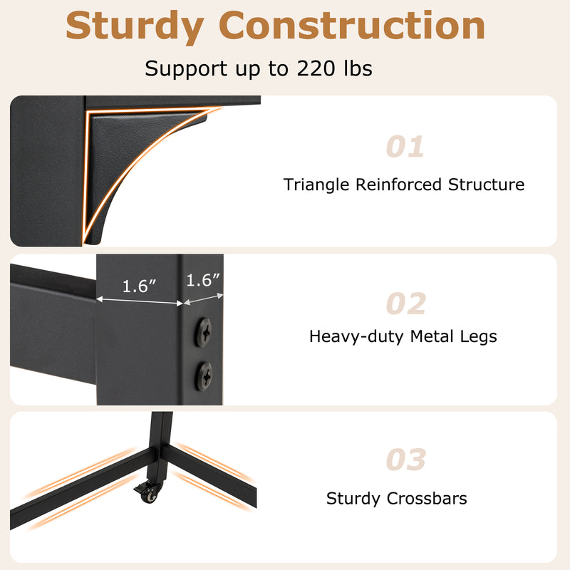 48 Inch Rolling Computer Desk with Heavy-duty Metal Frame for Home and Office-Natural