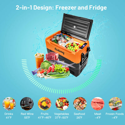 58 Quarts Car Refrigerator Portable RV Freezer Dual Zone with Wheel-Orange