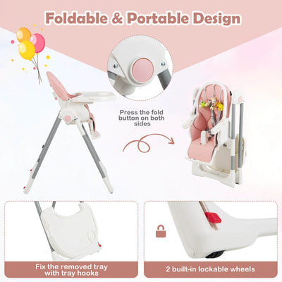 4-in-1 Foldable Baby High Chair with 7 Adjustable Heights and Free Toys Bar-Pink