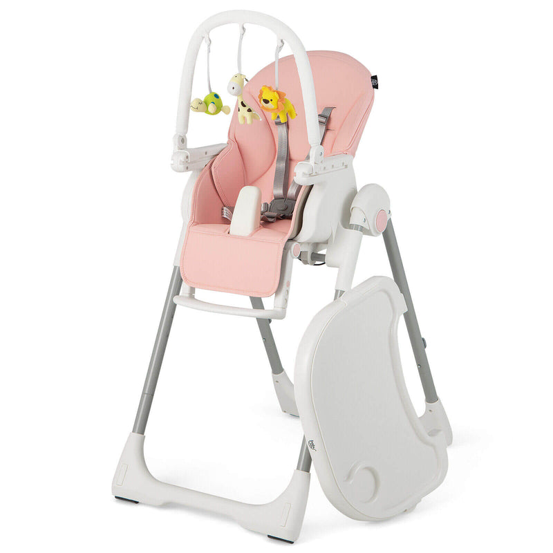 4-in-1 Foldable Baby High Chair with 7 Adjustable Heights and Free Toys Bar-Pink