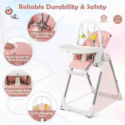 4-in-1 Foldable Baby High Chair with 7 Adjustable Heights and Free Toys Bar-Pink