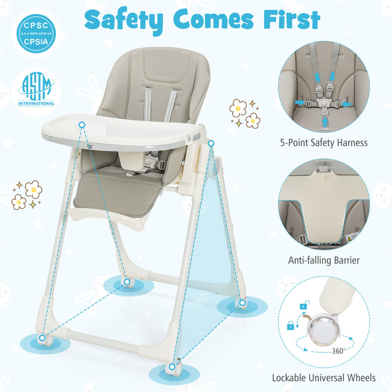 Folding High Chair with Height Adjustment and 360° Rotating Wheels-Gray