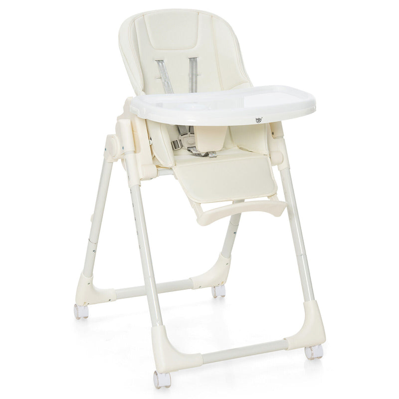 Folding High Chair with Height Adjustment and 360° Rotating Wheels-Beige