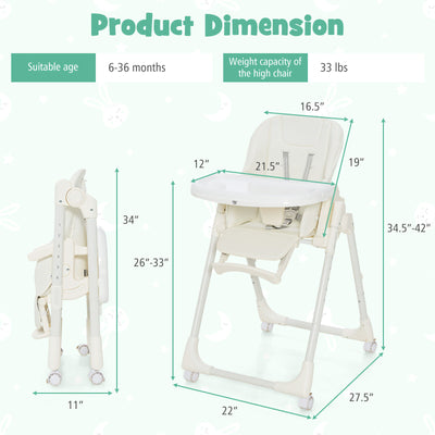 Folding High Chair with Height Adjustment and 360° Rotating Wheels-Beige