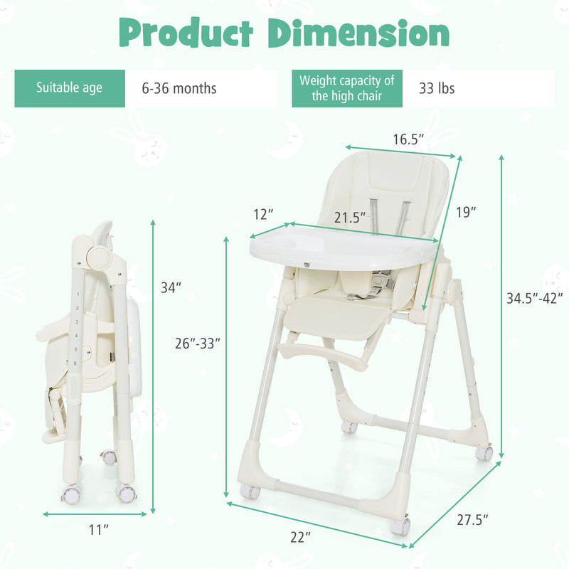 Folding High Chair with Height Adjustment and 360° Rotating Wheels-Beige