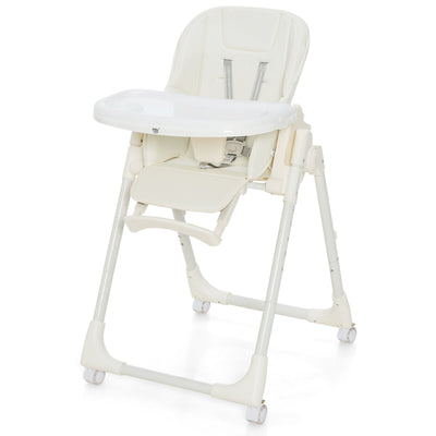 Folding High Chair with Height Adjustment and 360° Rotating Wheels-Beige