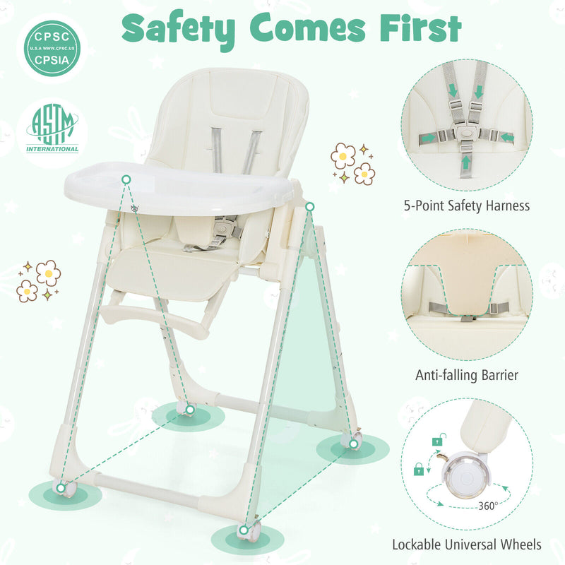 Folding High Chair with Height Adjustment and 360° Rotating Wheels-Beige