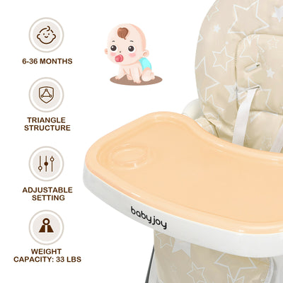 Folding Baby High Dining Chair with 6-Level Height Adjustment-Beige