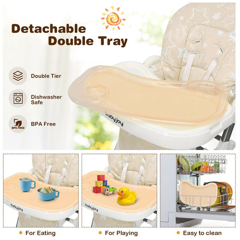 Folding Baby High Dining Chair with 6-Level Height Adjustment-Beige