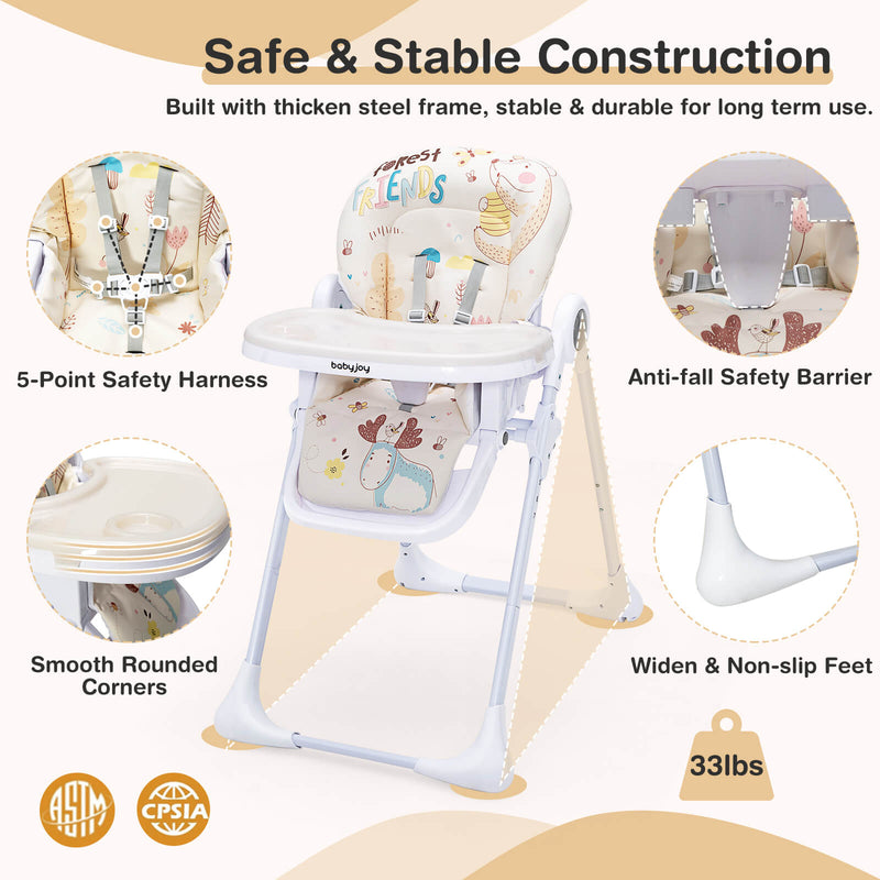 Baby High Chair Folding Feeding Chair with Multiple Recline and Height Positions-Beige