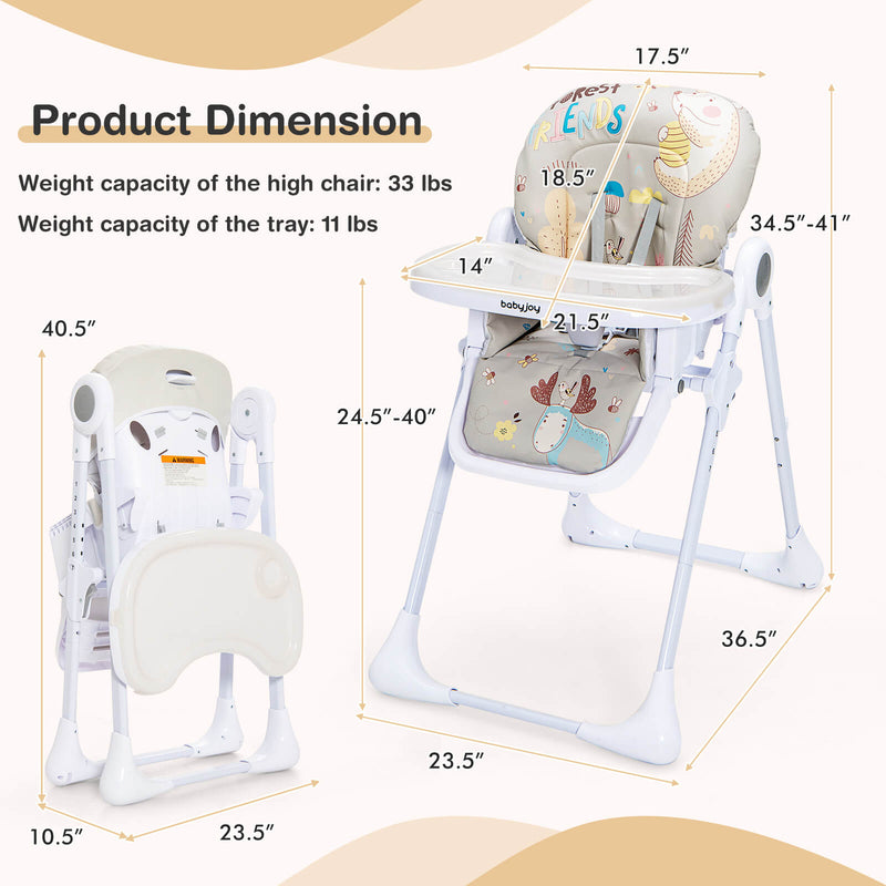 Baby High Chair Folding Feeding Chair with Multiple Recline and Height Positions-Gray