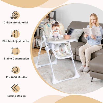 Baby High Chair Folding Feeding Chair with Multiple Recline and Height Positions-Gray