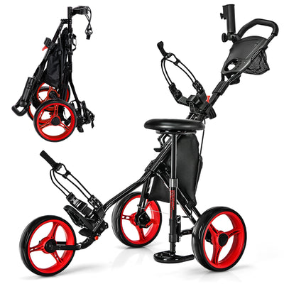 3 Wheels Folding Golf Push Cart with Seat Scoreboard and Adjustable Handle-Red