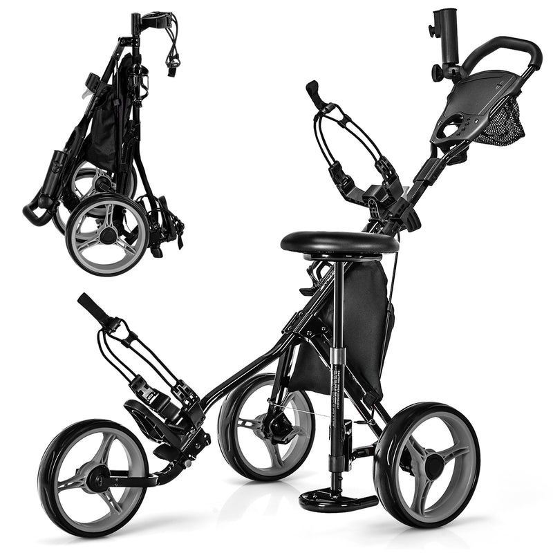 3 Wheels Folding Golf Push Cart with Seat Scoreboard and Adjustable Handle-Gray