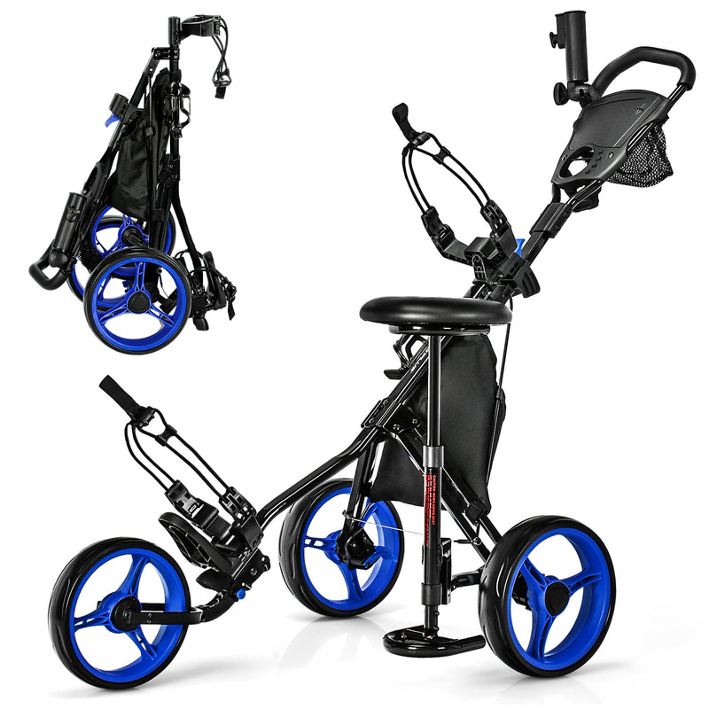 3 Wheels Folding Golf Push Cart with Seat Scoreboard and Adjustable Handle-Blue