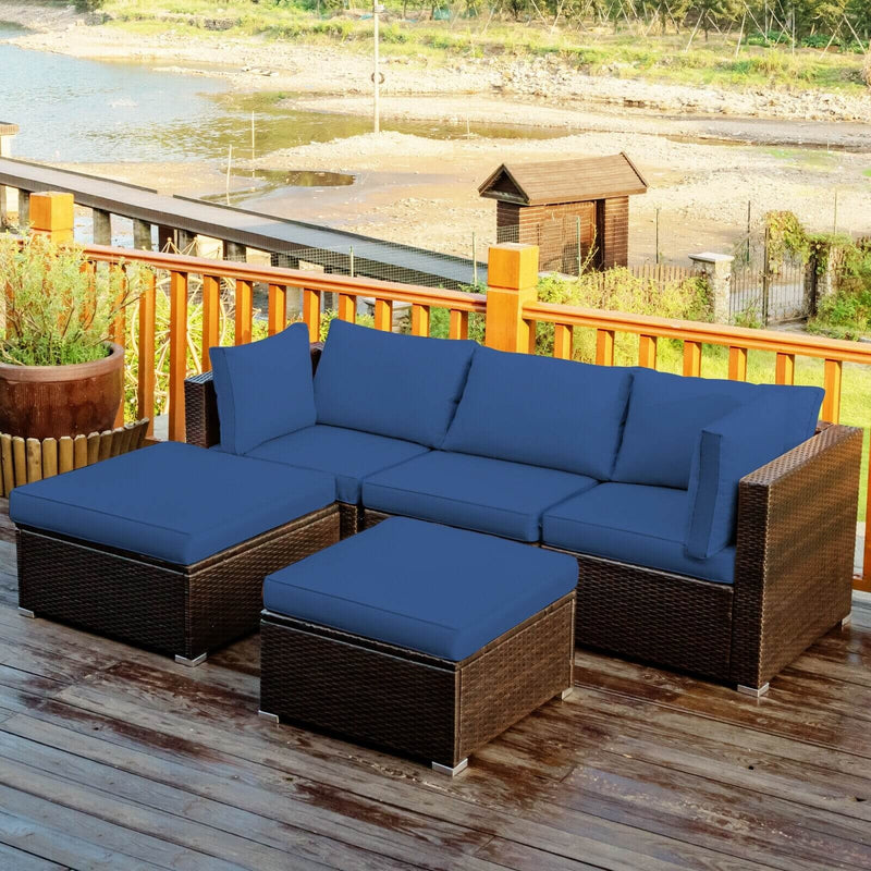 5 Pieces Patio Rattan Sofa Set with Cushion and Ottoman-Navy