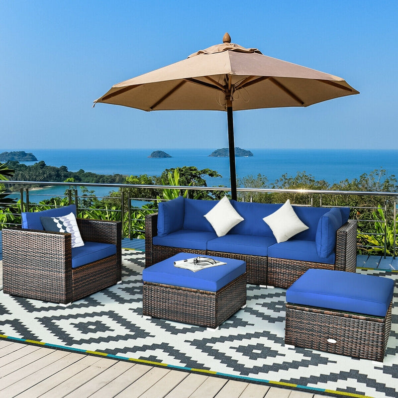 6 Pieces Patio Rattan Furniture Set with Sectional Cushion-Blue