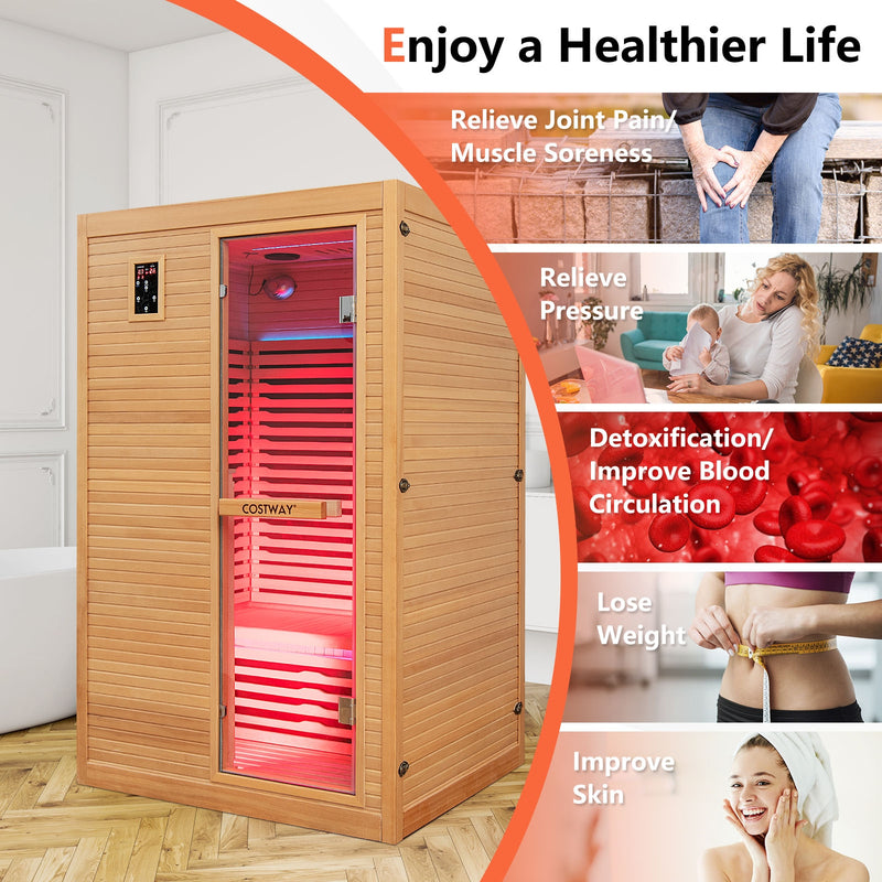 2024 New 2 People Far Infrared Wooden Sauna Room with Free Red Light Therapy for Home