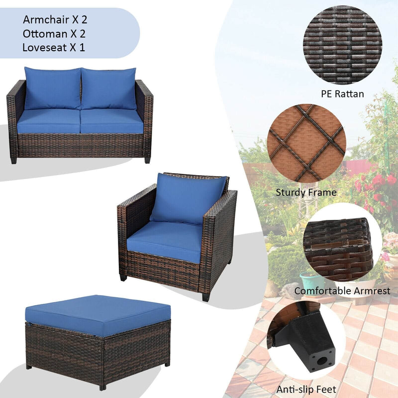 5 Pieces Patio Cushioned Rattan Furniture Set-Navy