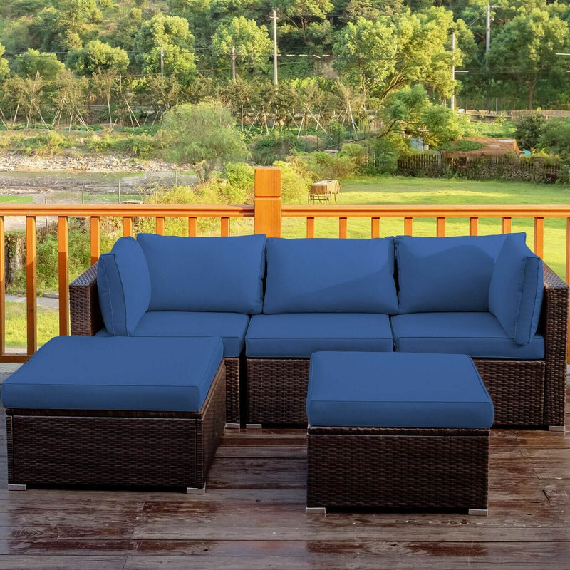 5 Pieces Patio Rattan Sofa Set with Cushion and Ottoman-Navy