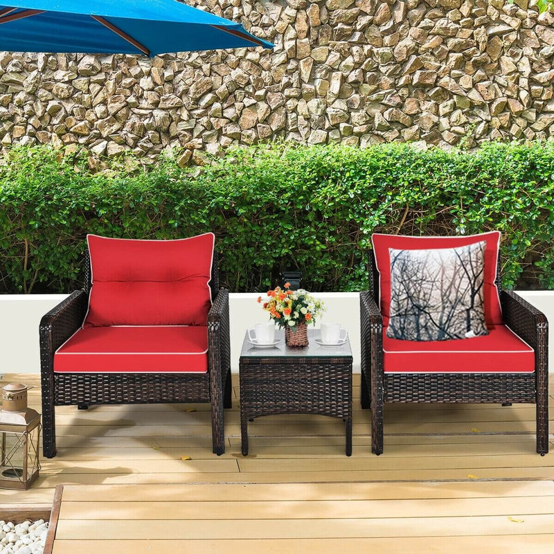 3 Pcs Outdoor Patio Rattan Conversation Set with Seat Cushions-Red