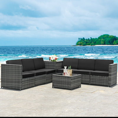 8 Piece Wicker Sofa Rattan Dinning Set Patio Furniture with Storage Table-Black