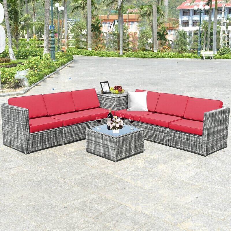 8 Piece Wicker Sofa Rattan Dinning Set Patio Furniture with Storage Table-Red