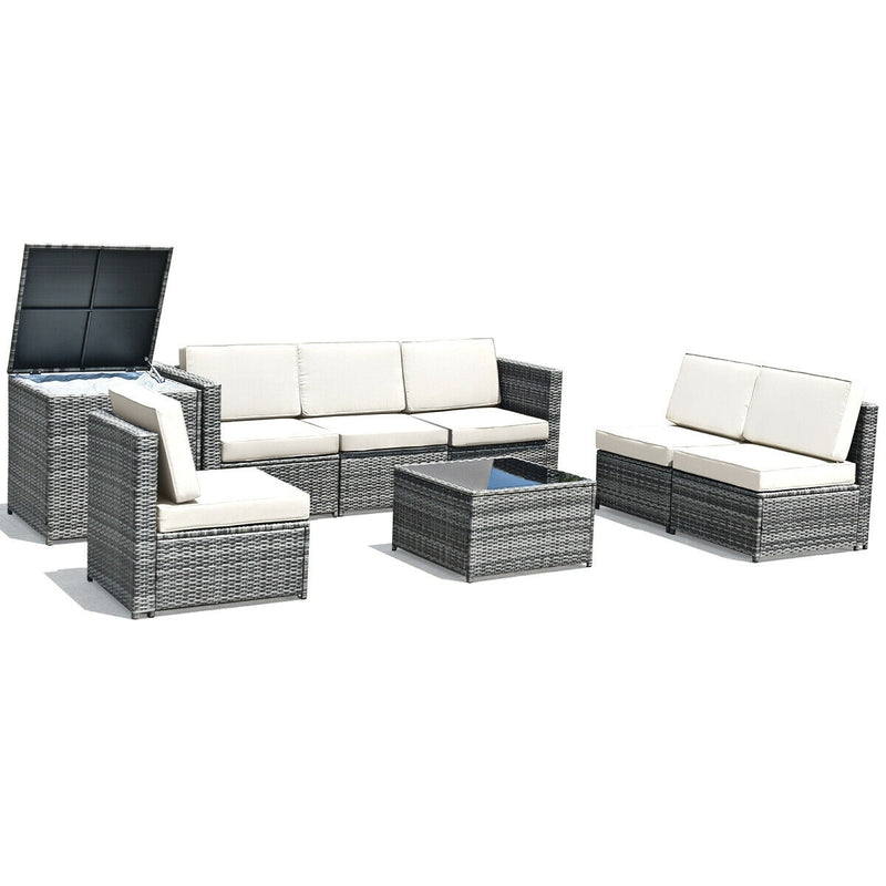 8 Piece Wicker Sofa Rattan Dinning Set Patio Furniture with Storage Table-White