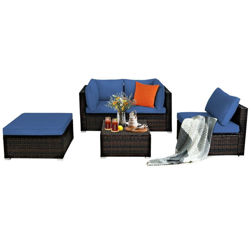 5 Pieces Patio Rattan Sofa Set with Cushion and Ottoman-Navy