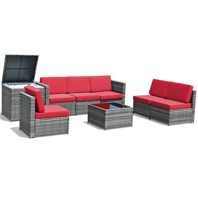 8 Piece Wicker Sofa Rattan Dinning Set Patio Furniture with Storage Table-Red