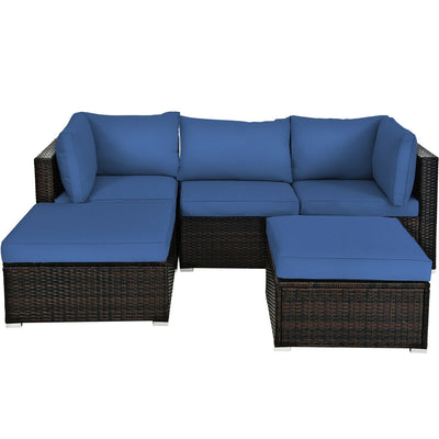 5 Pieces Patio Rattan Sofa Set with Cushion and Ottoman-Navy