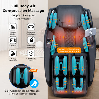 Mega Sale-Costway-4D SL-Track Full Body Massage Chair w/ Zero-Gravity Design, Heated Shawl, Neck & Back & Feet Heater, Calf & Foot Rollers, Electric Calf Frame, Voice Control, Yoga Stretching, Smart Body Scanning, Touch Screen, Blue-tooth Speaker