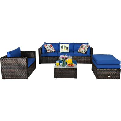 6 Pieces Patio Rattan Furniture Set with Sectional Cushion-Blue