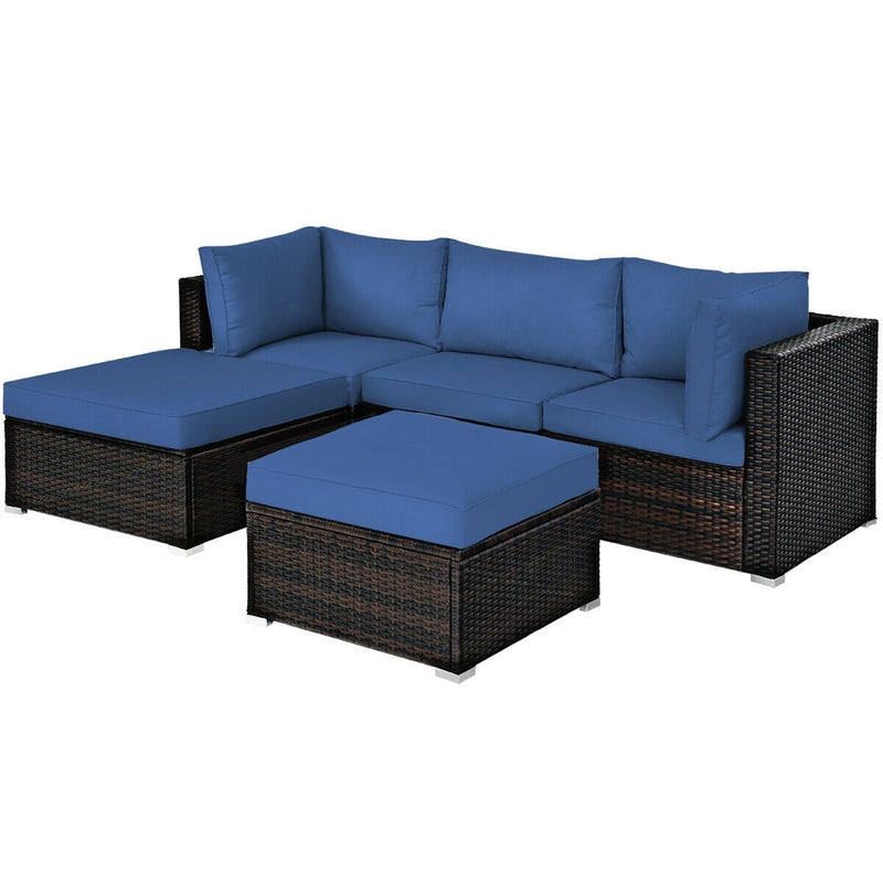 5 Pieces Patio Rattan Sofa Set with Cushion and Ottoman-Navy