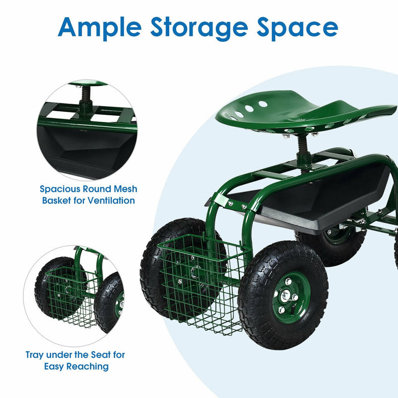 4-Wheel Rolling Garden Cart Work Seat