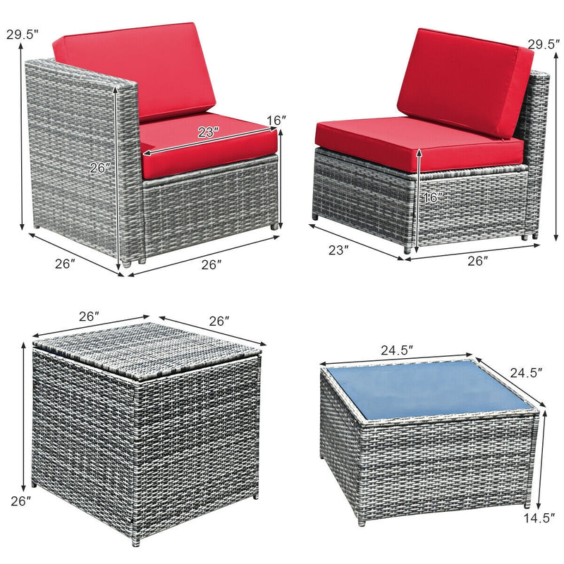 8 Piece Wicker Sofa Rattan Dinning Set Patio Furniture with Storage Table-Red