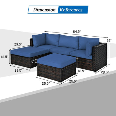 5 Pieces Patio Rattan Sofa Set with Cushion and Ottoman-Navy